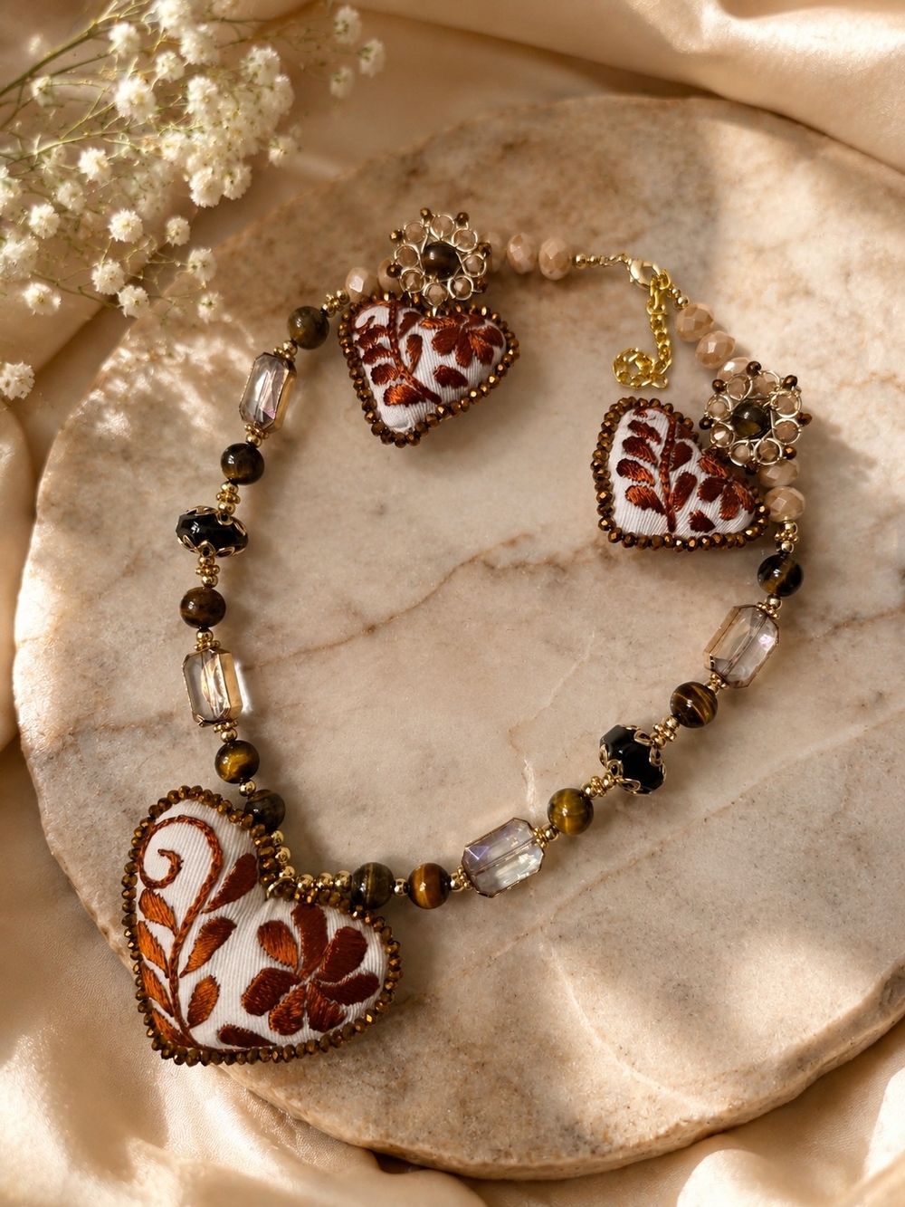 Handcrafted Brown Floral Heart Necklace - Women Jewelry
